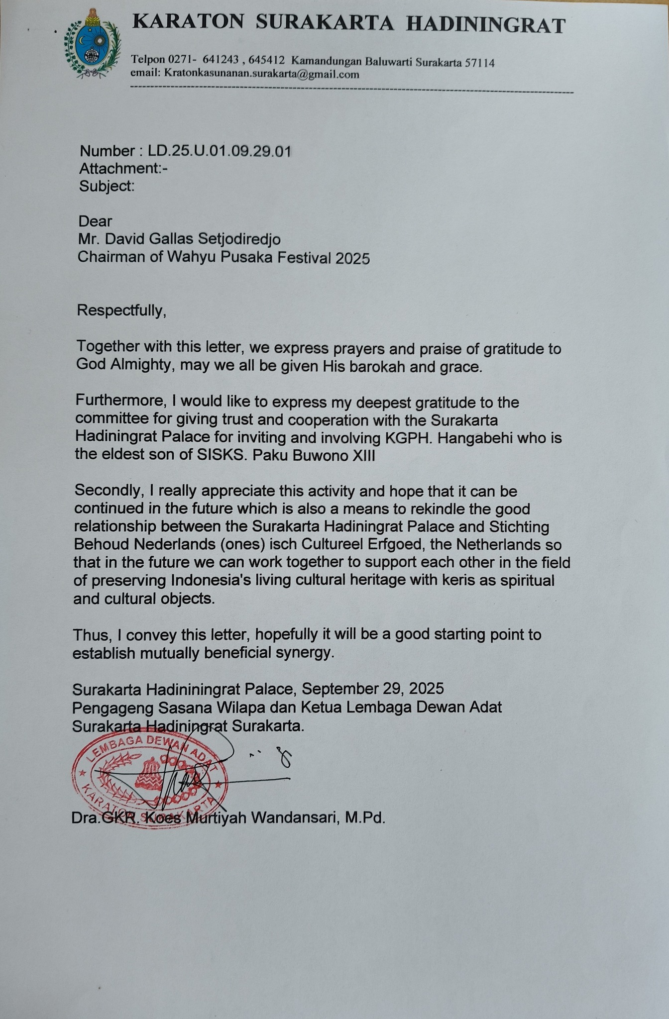 Officiële brief van Keraton Surakarta