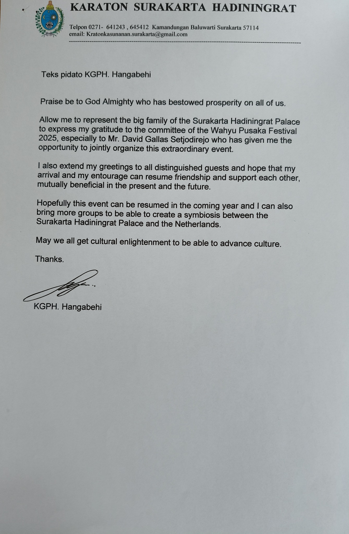 Brief van KGP.H. Hangabehi